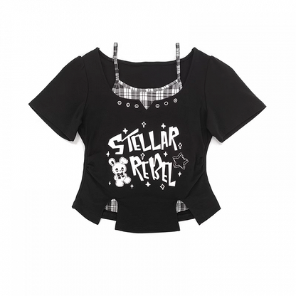 Y2K Black & Pink/Black & White Bunny Print T-Shirt Faux Two-Pieces