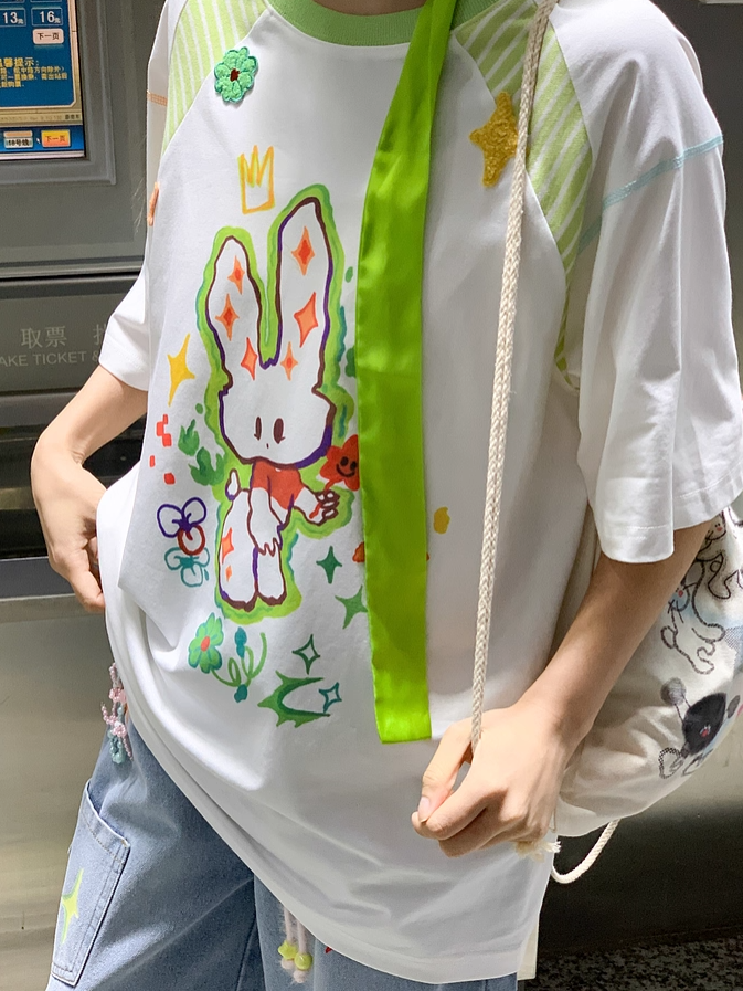 Cartoon Bunny Print White Round Neck Loose T-shirt
