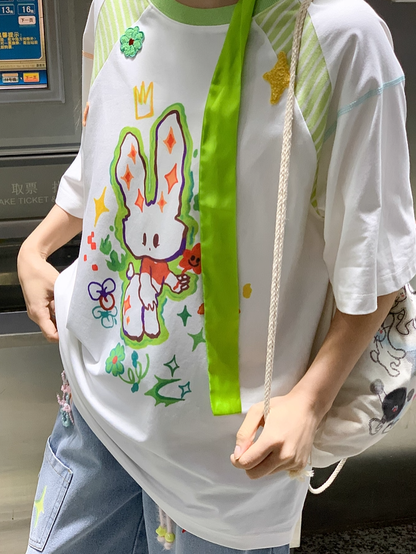 Cartoon Bunny Print White Round Neck Loose T-shirt