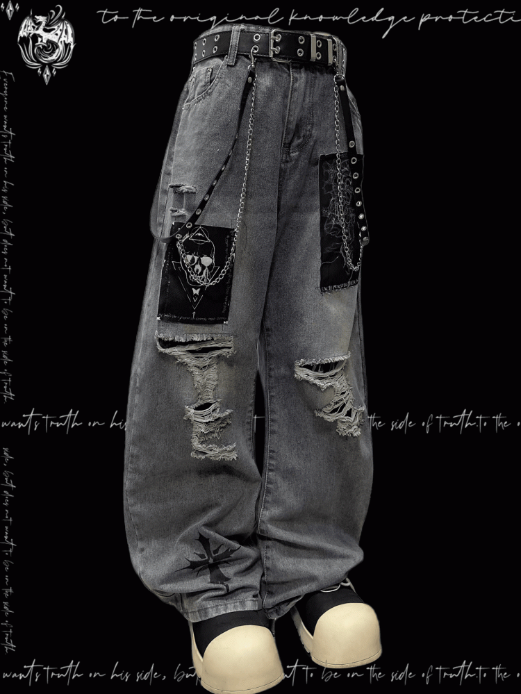 Blue Distressed Holes Skeleton Applique Punk Wide-leg Jeans