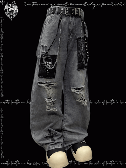 Blue Distressed Holes Skeleton Applique Punk Wide-leg Jeans