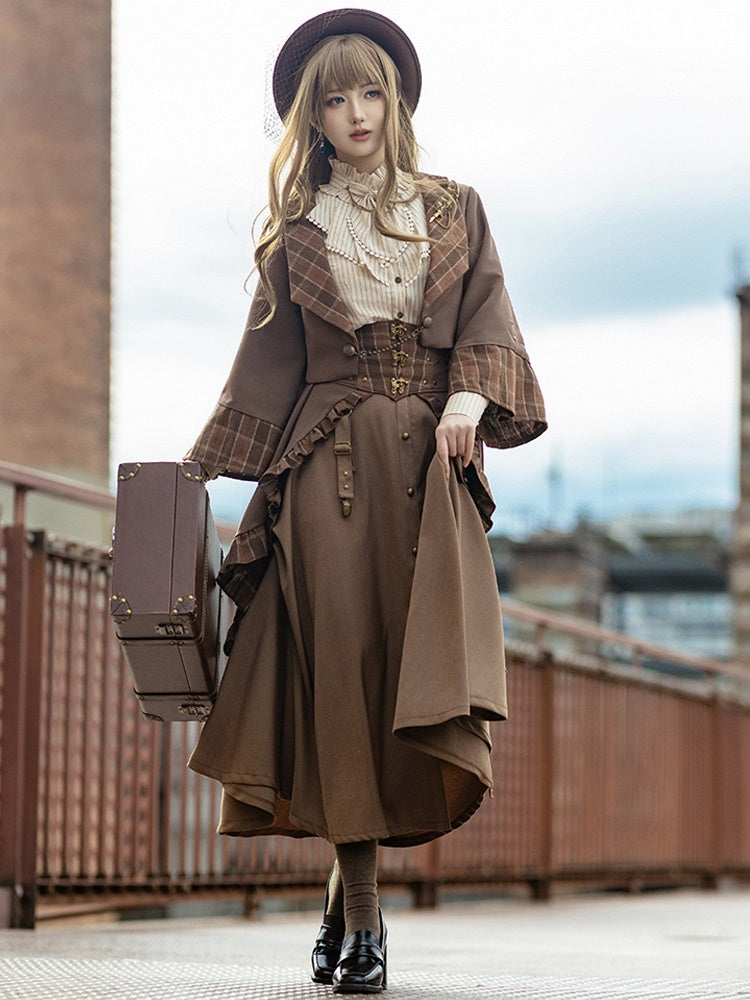 Steampunk Dark Brown Plaid Pattern Ruffled Hem Train