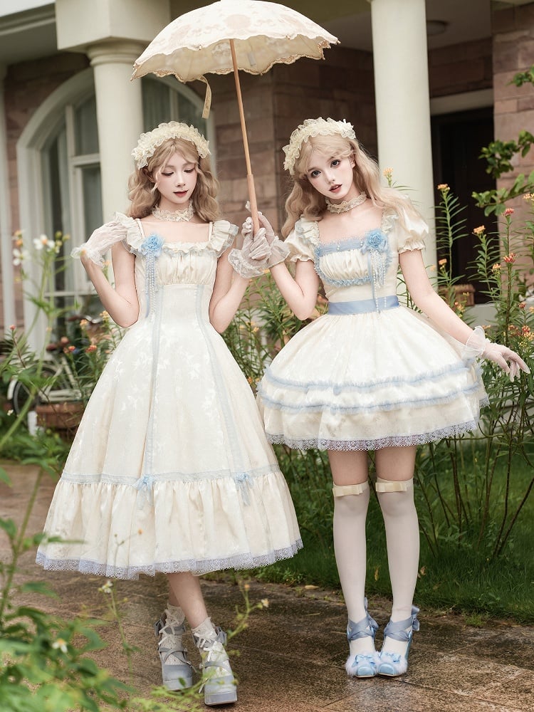 Beige and Light Blue Slim Fit Waist Versatile Neckline Lolita Dress