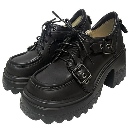 Black Buckle Straps Lace-up Closure Platform High Block Heels Punk Shoes