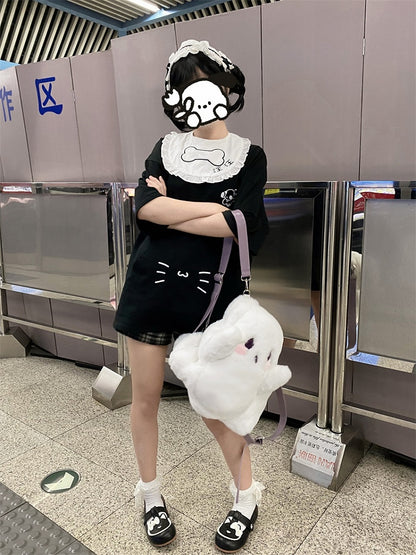 White Ghost-shaped Fleece Backpack With Taro Purple Straps