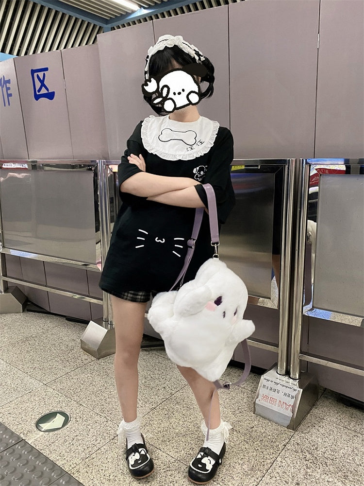 White Ghost-shaped Fleece Backpack With Taro Purple Straps