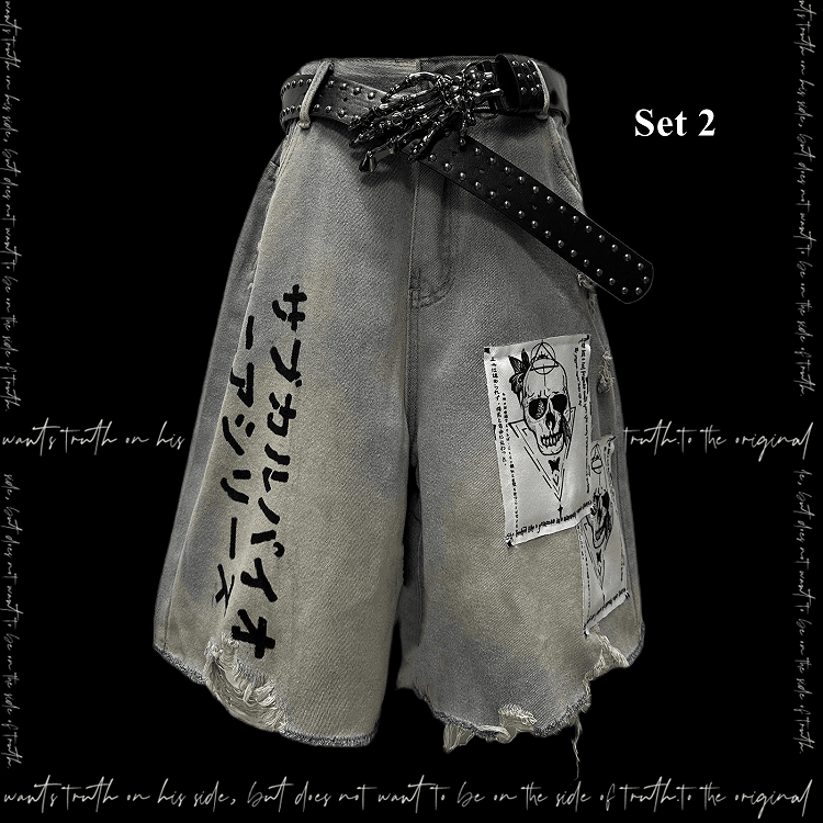 Light Blue Skeleton Appliques Distressed Holes Wasteland Punk Wide-Leg Jeans