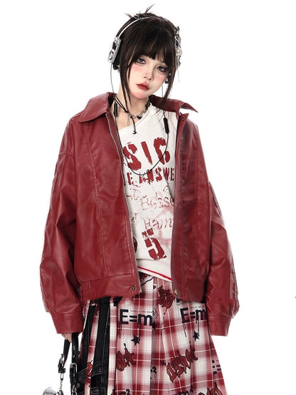 Vintage Red PU Leather Zip-up Jacket for Autumn