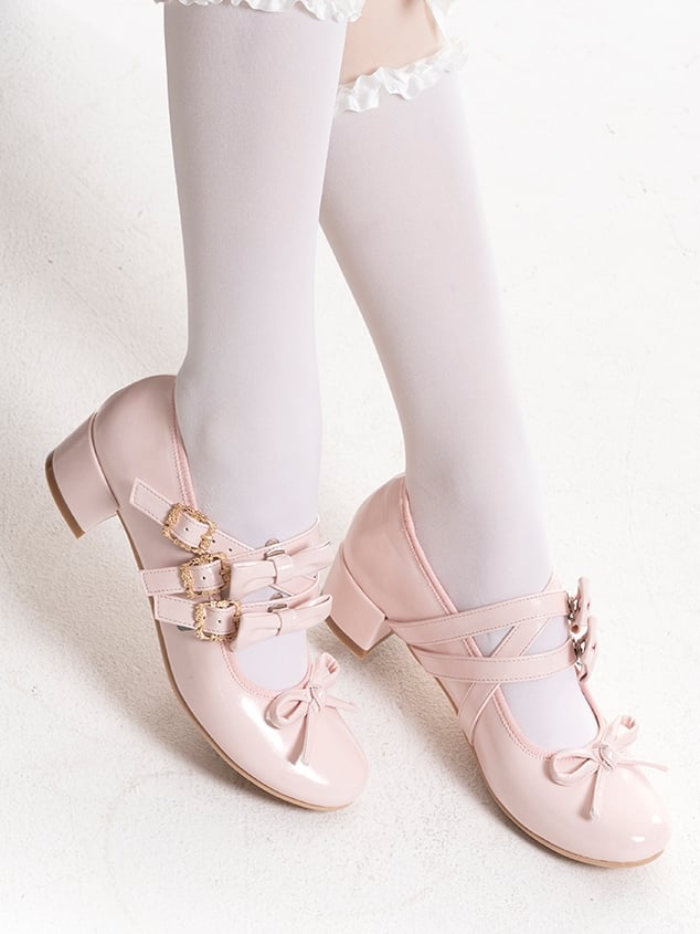 Pink Bow at Top Crisscross Design Lolita Shoes with Detachable Bowknots