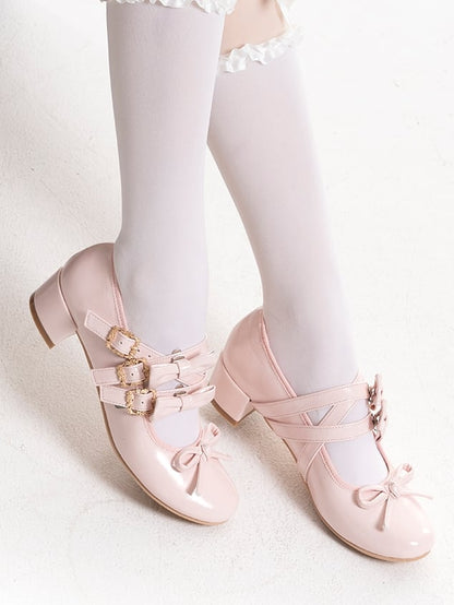 Pink Bow at Top Crisscross Design Lolita Shoes with Detachable Bowknots