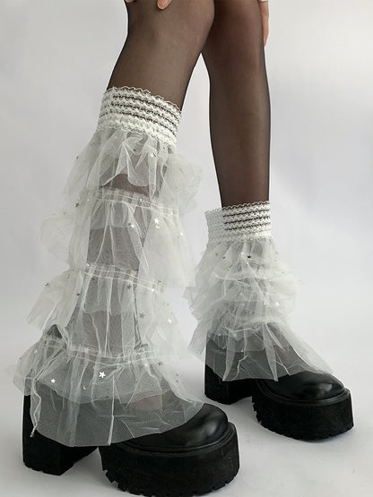 White/Black Y2K Star And Moon Details Tiered Lace Trim Leg Sleeves
