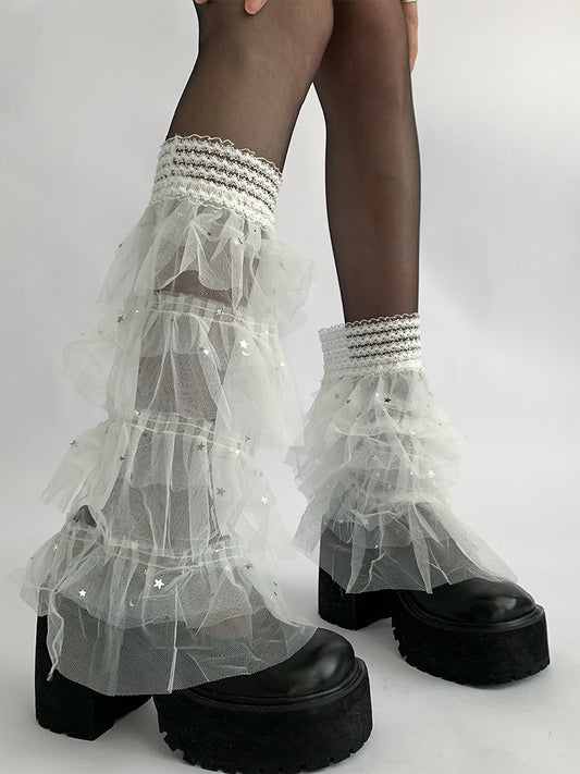 White/Black Y2K Star And Moon Details Tiered Lace Trim Leg Sleeves