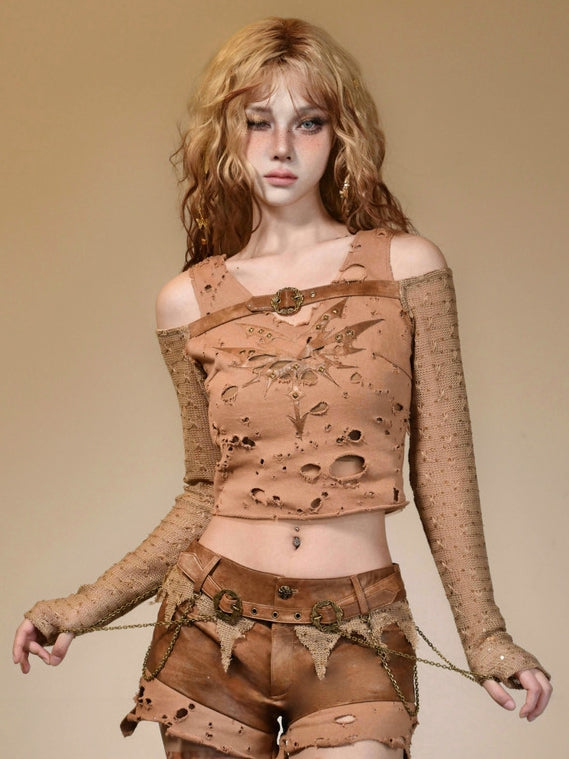 Wasteland Punk Light Brown Studs Decorated Buckle Accents Cutout Shoulder Top