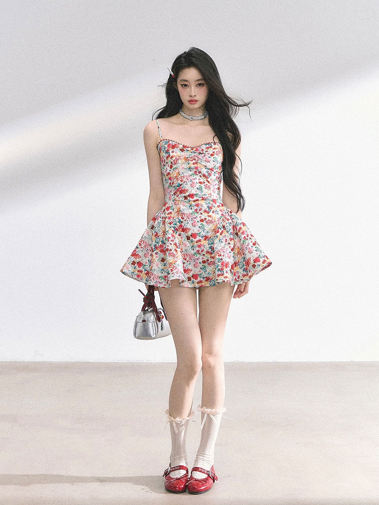 Allover Floral Print Sweetheart Neckline Red Holiday Mini Slip Dress