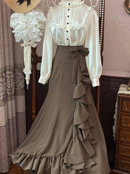 Beige Ruffle Neckline Long Sleeves Shirt