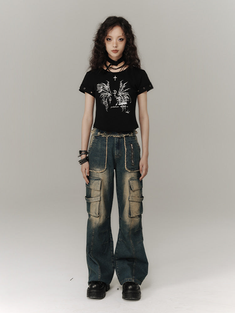 Black Wings Print Cotton Cropped T-shirt with Choker