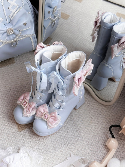 Sweet Lolita Blue Boots in PU - Rhinestone Bead Accents Pink Bowknot Details & Dual Closure System