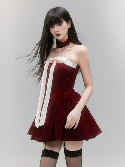 Red Off-the-shoulder Neckline Big Bow Sequins Puffy Dress