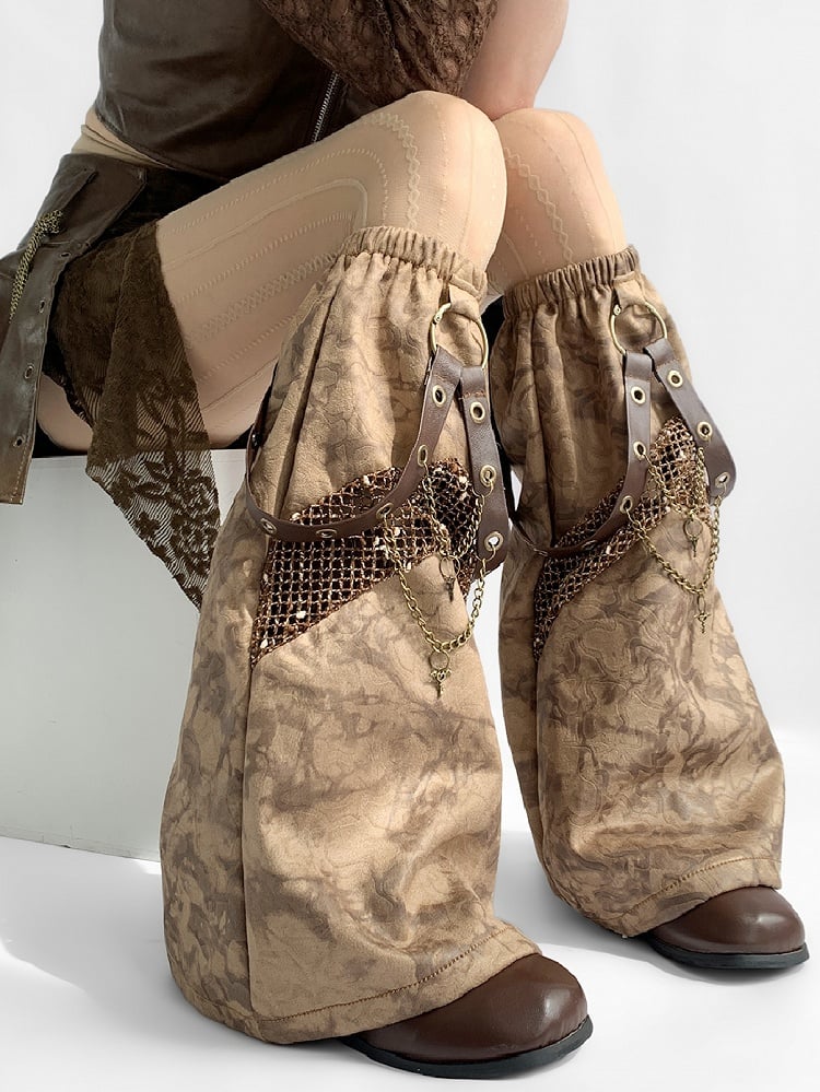 Brown Wasteland Punk Y2K Belt And Key Charm Leg Warmers