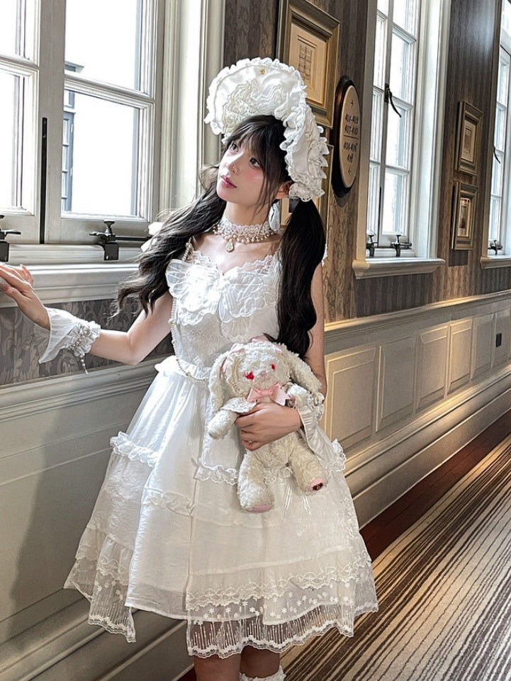 White Flutter Sleeves Butterfly Accent Ruffled Lace Trim Lolita JSK