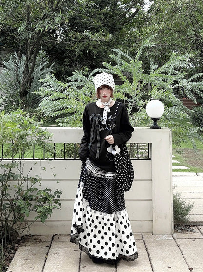 Black & White Polka Dot Panelled Maxi Skirt with Lace Trim