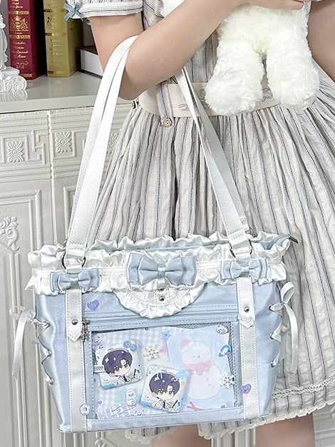 Blue&White Bowknot Details Ruffles Trim Lace-up Design Ita Bag