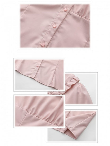 Plus Size Pink Ruffle Trim Blouse with Peter Pan Collar & Heart Button