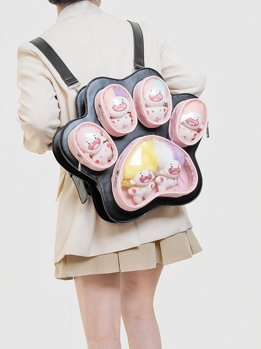 2-Way Black & Pink Enchanting Kitten & Puppy Paw Ita Backpack In Cute Style