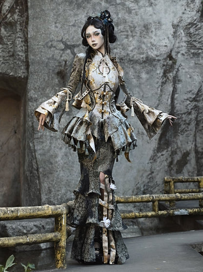 Dusty Green Under Bust Snakeskin Grain Jacket Cascading Ruffle Trim