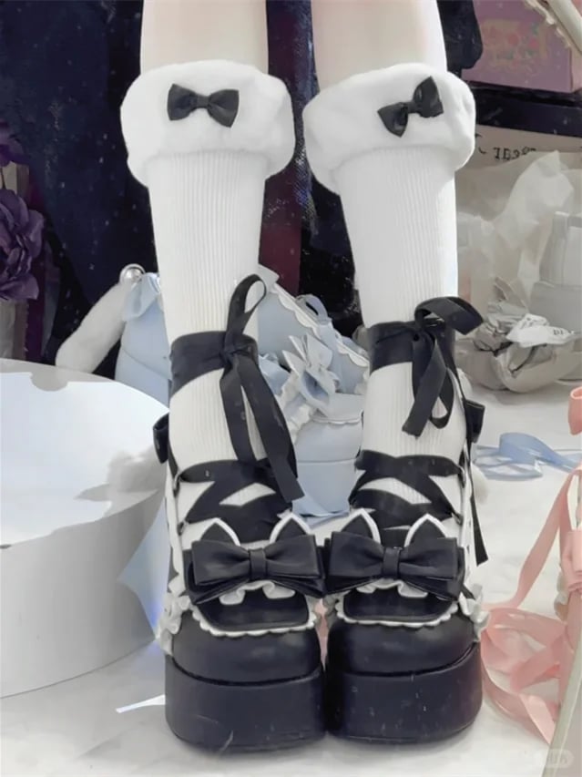 Cute Kitty Tails Black Bow at Top Punk Lolita Platform High Heels Lace-up at Ankle