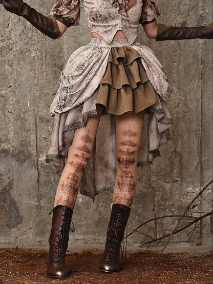 Tie Dye Jacquard Victorian Cascading Ruffle Trim High-low Skirt