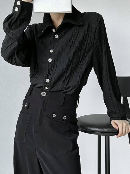 Ouji Lolita Black Textured Long Sleeve Shirt with Button Cuffs & Mandarin Collar
