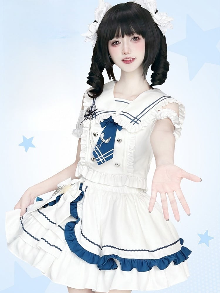 Sailor Collar Cutout Shoulder Top with Tiered Skirt White and Blue Preppy Style Idol Full Set