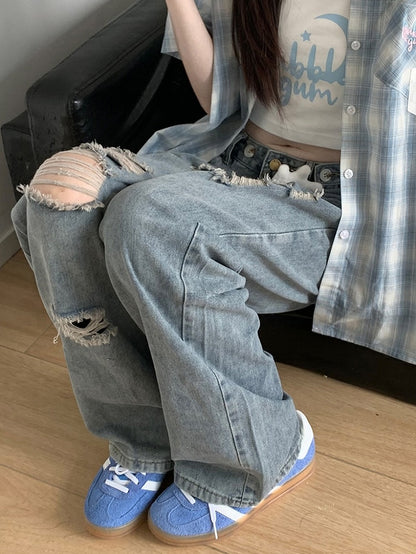 Blue Low Rise Distressed Holes Straight-leg Jeans with Free Charm