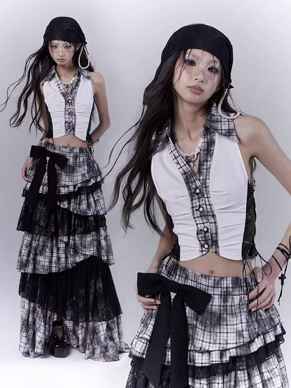 Black Plaid Pattern Shirt Collar Cropped Sleeveless Top with Lace-up Details Side