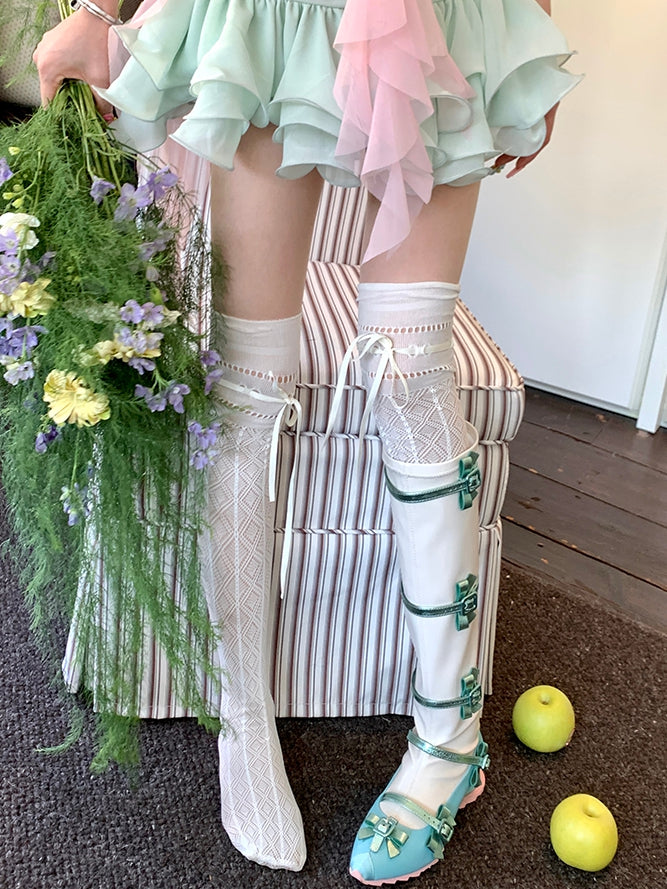 6 Color Options Self-tie Strap Diamond Pattern Over-knee Stockings