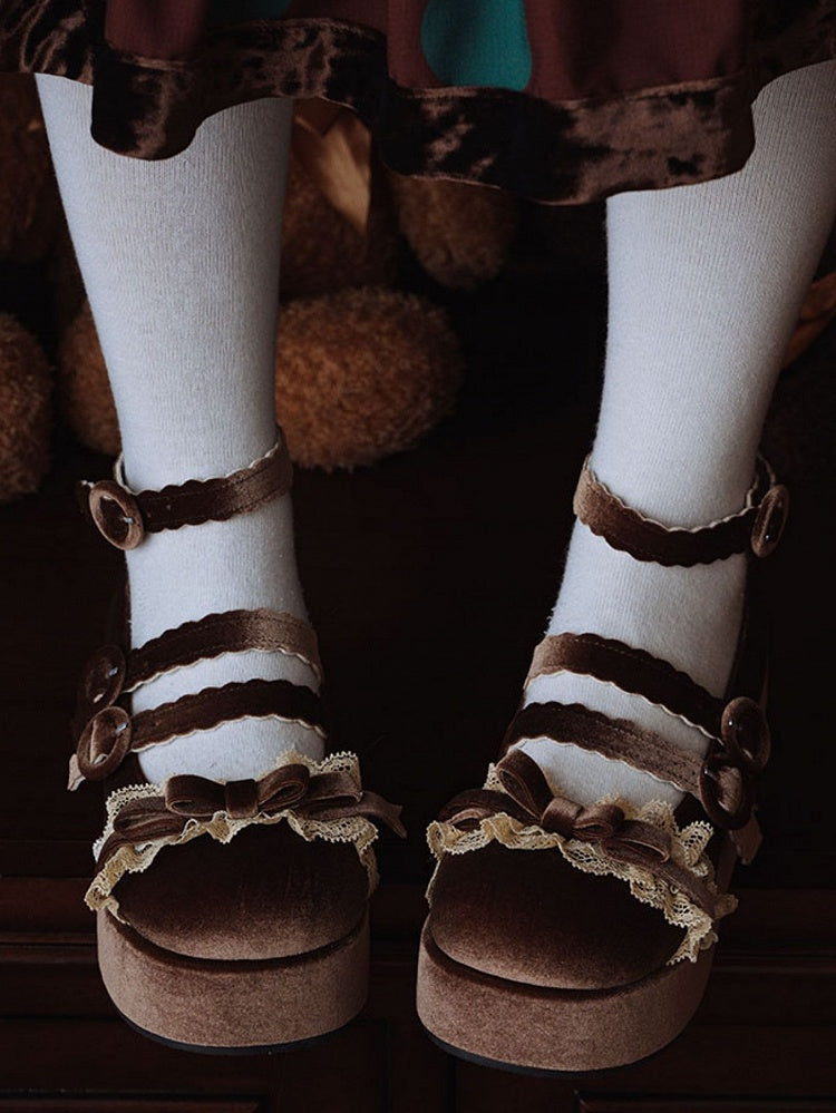 Lace Trim Bowknot at Top Velvet Dark Brown Buckle Straps Platforms