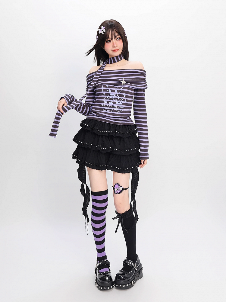 Y2K Off-the-shoulder Neckline Purple and Gray Striped Top with Free Scarf