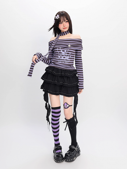 Y2K Off-the-shoulder Neckline Purple and Gray Striped Top with Free Scarf