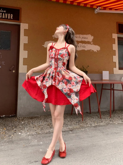 Red Rosette Print Cascading Ruffles Lace-up Front Cami Dress