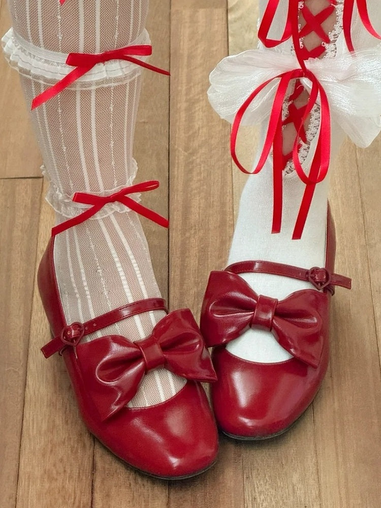 PU Red Elegant Lolita Mary Janes - Mid Heel with Bow Accents & Heart Buckle