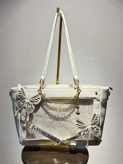 Gold Detachable Butterfly Spiderweb Detail White Ita Shoulder Bag