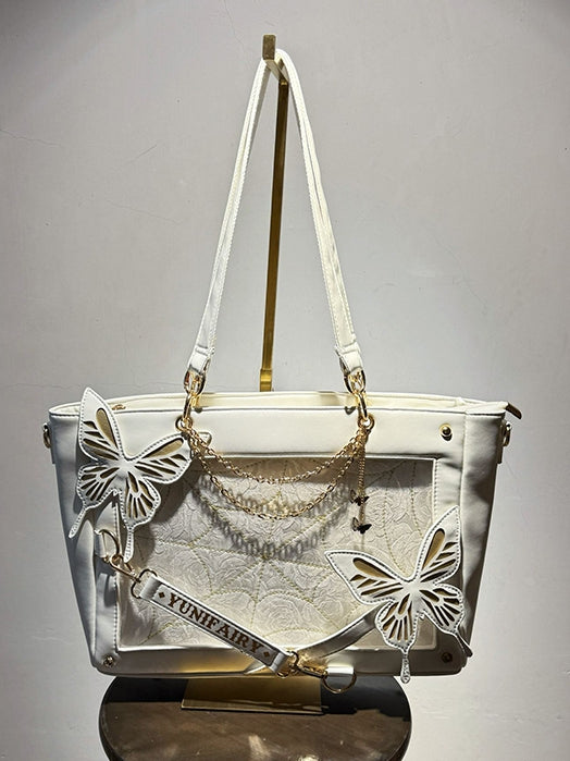 Gold Detachable Butterfly Spiderweb Detail White Ita Shoulder Bag
