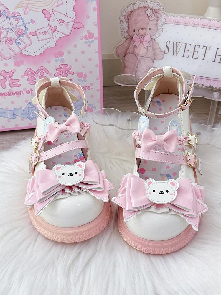 Delicate Heart Details, Bow Accents & Ruffles Trim PU White Bear Themed 3cm Flat Mary Janes in Sweet Lolita