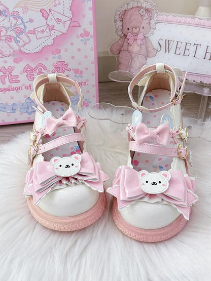 Delicate Heart Details, Bow Accents & Ruffles Trim PU White Bear Themed 3cm Flat Mary Janes in Sweet Lolita