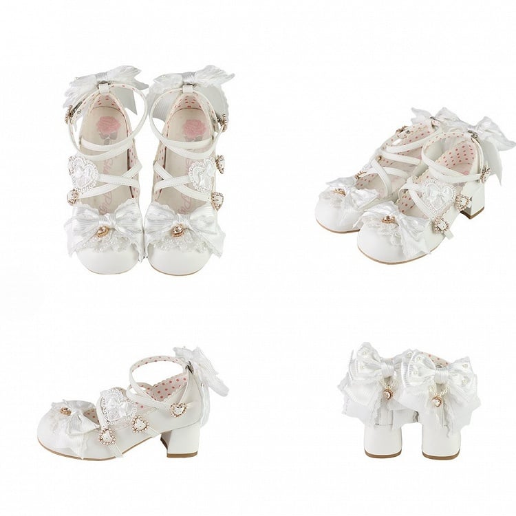 White Sweet Lolita Bowknot Details Crisscross Design Heart Buckle Straps 5CM Block Heels Shoes