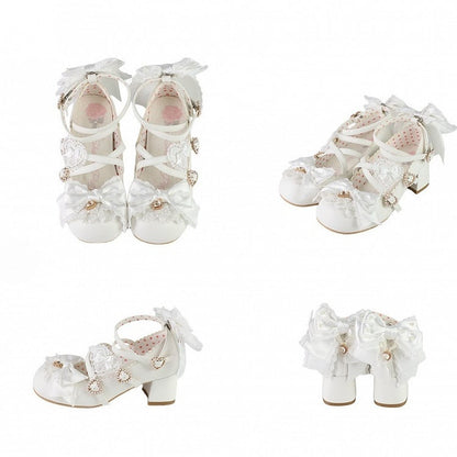 White Sweet Lolita Bowknot Details Crisscross Design Heart Buckle Straps 5CM Block Heels Shoes