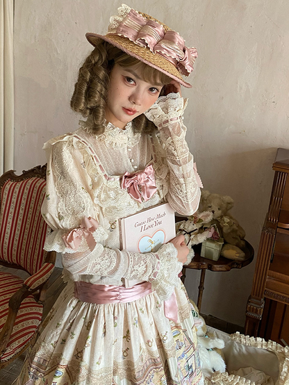 Cream-colored Ruffle Neckline Sweet Lolita Dress with Fairytale Town Print and Lace Trim