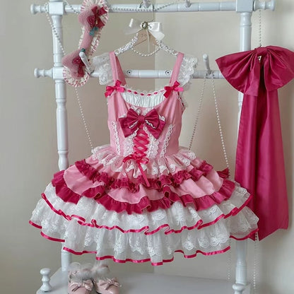 Sweet Pink Corset Waist Tiered Ruffle Hem Lolita Jumper Skirt