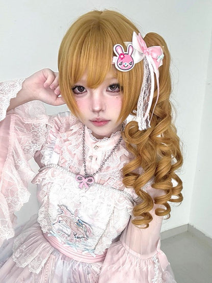 Yellow 30CM Length Synthetic Wig With Double Ponytail Claw Clips